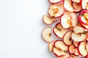 A collection of dehydrated apple slices is displayed on a clean white background, showcasing their vibrant colors and healthy appeal. Ideal for use in recipes or as a nutritious snack option. photo