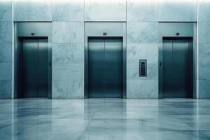 The sleek, minimalist design of elevator doors is showcased in a modern lobby featuring smooth marble walls and flooring, offering an inviting and sophisticated atmosphere. photo