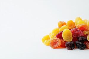 An assortment of dried fruit snacks in various colors is displayed on a clean white background. The vibrant textures and hues create an appealing visual, ideal for healthy munching. photo