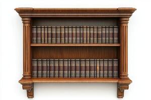 A beautifully crafted wooden bookshelf stands elegantly in the center, filled with classic leather-bound books. The warm tones of the wood contrast with the crisp white backdrop. photo