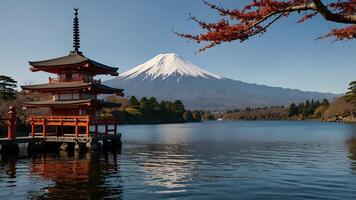 Serene landscape with frozen lake and Mount Fuji with a snow capped peak on the background photo