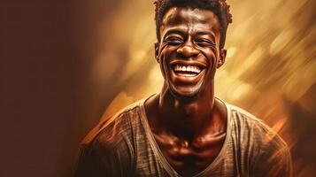 a young African man beams with a smile against a warm brown background. photo