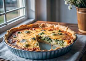 Side-shot of a slice of quiche being lifted from the whole, golden crust and creamy filling in focus, with natural light streaming through a window photo