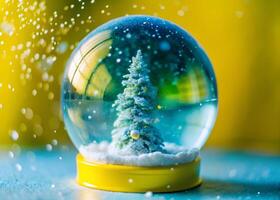 Close-up abstract shot of a snow globe being shaken, snow swirling inside photo