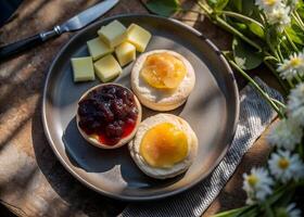 Top view of golden English muffins on a plate, one with butter melting, and the other spread with colorful jam. Soft morning light for a comforting breakfast scene photo