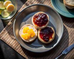 Top view of golden English muffins on a plate, one with butter melting, and the other spread with colorful jam photo