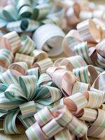 Low-angle abstract shot of colorful gift wrapping, ribbons, and bows scattered in a dynamic pattern photo
