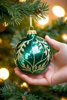 mano colocación un espumoso Navidad ornamento sobre un ricamente verde árbol rama foto