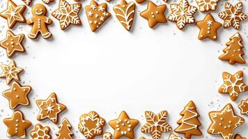 Christmas gingerbread cookies border on white background photo