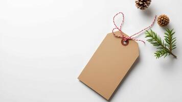 Christmas tree and tag with pine cones on white background photo