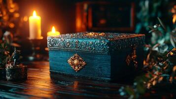 A beautifully crafted, ornate box sits atop a wooden surface, illuminated by candlelight photo
