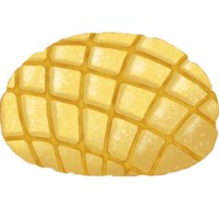A close-up view of a vibrant yellow melon bread resting on a rustic wooden table in a cozy bakery setting png