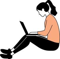 drawing of a girl sitting with a laptop without background vector
