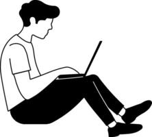black drawing of a guy sitting with a laptop without background vector