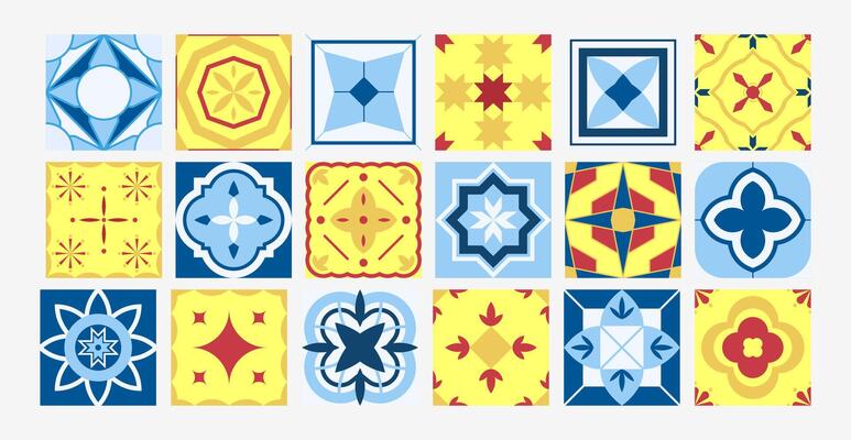 Collection of bright seamless geometric mosaic tile patterns. Decorative endless ornamental east color backgrounds. repeatable symmetric prints. Vibrant textures.