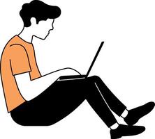 drawing of a guy sitting with a laptop without background vector