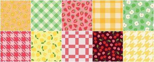 Collection of seamless color textile and fruits patterns - summer bright design. repeatable backgrounds. Vibrant tropical prints. Unusual fabric textures vector