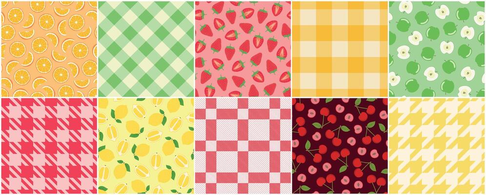 Collection of seamless color textile and fruits patterns - summer bright design. repeatable backgrounds. Vibrant tropical prints. Unusual fabric textures