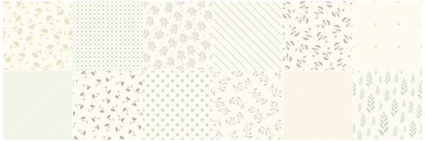 Collection of neutral seamless floral and geometric simple patterns - drawing design. Repeatable spring nature delicate backgrounds with flowers, dots and stripes. Textile endless prints. vector