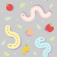 cute colorful worm and fruit pattern background vector