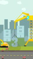 Cute Construction Workers Changing Number 3 to 4 in a City with Trucks and Machines. video