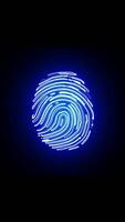 Glowing neon fingerprint icon on a biometric background featuring an abstract technological animation of fingerprint scanning video