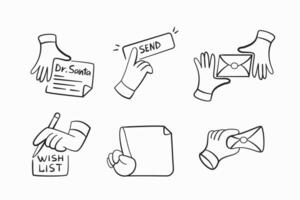 Set of line style hand icons Christmas letters, write letter to Santa, send button, handing over letter, wish list, etc. vector