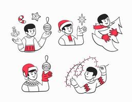 Set of icons of a guy preparing for Christmas, decorating a tree, hanging a garland, balls, etc. vector