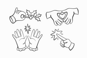A set of hands in line style on a Christmas theme, decorated with holly leaves, decorated with a snowflake, showing a heart, etc. vector