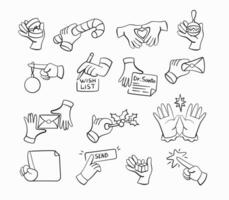 Set of Christmas hands icons, sending letter, giving gifts, decorating Christmas tree etc in line style. vector