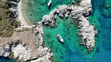 Drone Aerial View of Island with Moored Yachts in Clear Turquoise Waters video