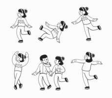 Set of icons of a boy and a girl ice skating, performing figure skating elements, falling, etc. vector
