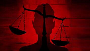 A looping animation of a justice scale with a man silhouette, set against a bold red background, symbolizing fairness video