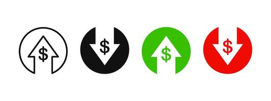 Money arrow up and down icon set. Price change symbol. Increase and decrease arrow with dollar sign. Cash currency rate. Stock graph. Income and loss illustration. Red and green money arrow set vector