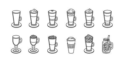 Hand drawn collection coffee shop menu with glace, latte, macchiato, mocha, raf, ice latte, cocoa, chocolate, frappe, cappuccino, take away coffee doodle vector