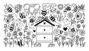 Hand drawn flight bee doodle set with hive, honeycombs, liquid melt honey and flowers field. vector