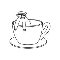 Adorable hand drawn sloth inside cup of coffee doodle. Tropical bear with cute phrase, sloth coffee. vector