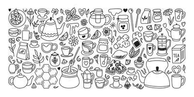 Hand drawn tea with honey doodle set with hive, honeycombs, barrel, lemon slices, cups, kettle, flowers, glass jar. vector