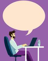 A buisnessman sitting infront of his laptop and blank bubble still searching information vector