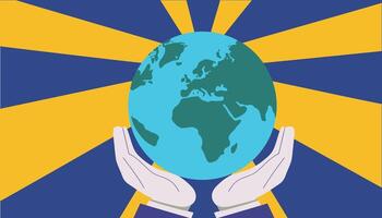 A painting of a world with hands holding a globe vector