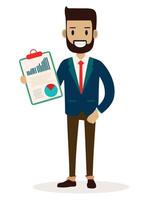 The A handsome guy wearing blue jacket holding his clipboard with paper where he wrote his vector