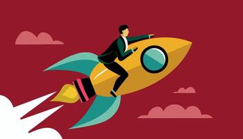 Businessman Billy flying on a rocket Jetpack up. Concept of business startup, launching vector