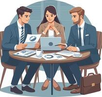 This is a Partners meeting for business discussion with documents and laptop on desk. Couple at round table, speaking, discussing work, partnership. vector