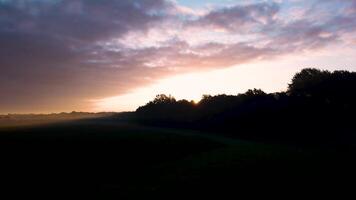 A field with trees and a sunset in the distance video