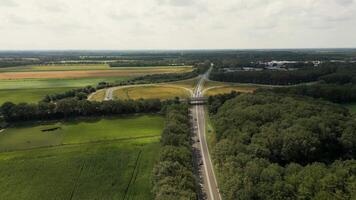 aéreo ver de un autopista con un puente terminado un campo video