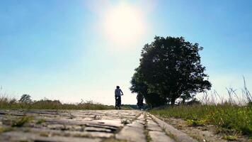 Two people walking on a path with the sun in the background video