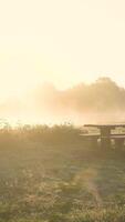 A picnic table in a field with the sun rising video
