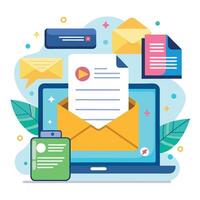 Email and laptop. New mail, send notice document. Mailbox on website. Letter in envelope. Online marketing inbox message. Business app notification. Media service vector
