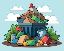 Trash bin with pile of garbage. Plastic and bottle dump. Recycle and pollution concept. Ecology environmental, dirty city dustbin vector