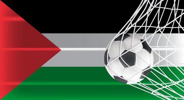 Soccer or Football ball in Goal Net Isolated on Palestine Shaded Flag, Sports Accessory Equipment for Playing Game, Championship and Competition Design Element Realistic 3D vector